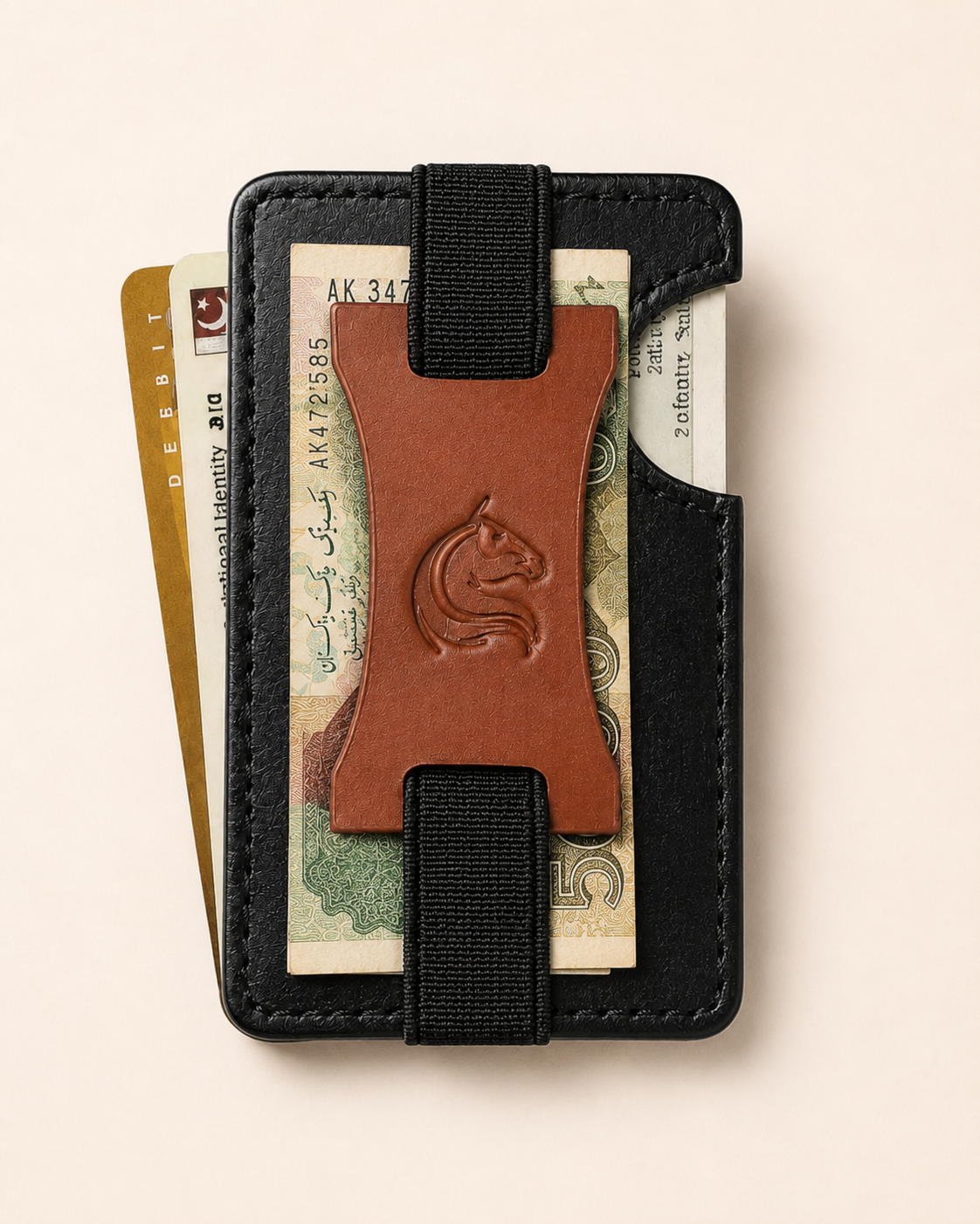 The Razor wallet open — smart elastic hold with cards and cash