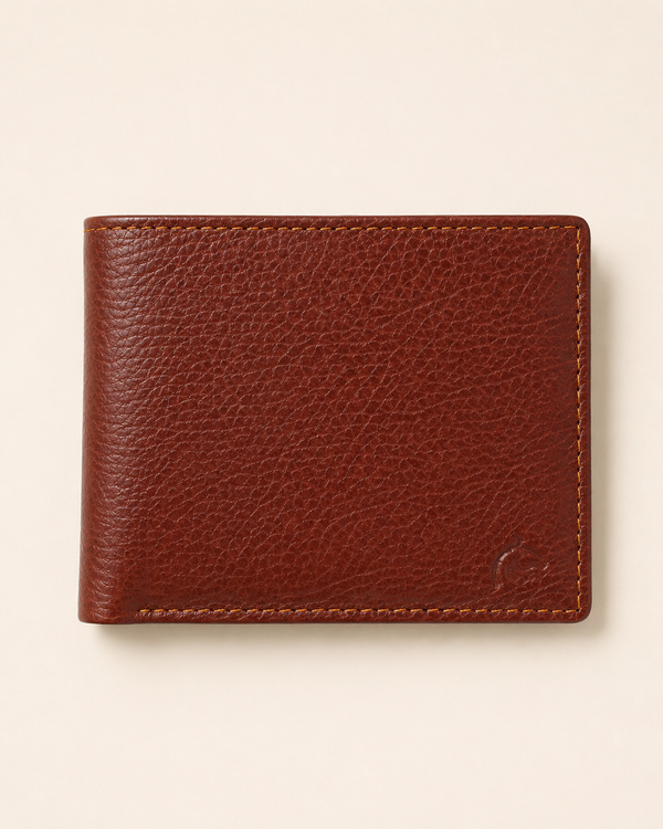 The Kingsman pebble-grain leather bifold wallet in light brown — front view | Kordovan Pakistan