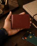 Light brown Kingsman pebble-grain leather wallet held in hand, slim profile