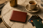 Light brown Kingsman bifold wallet on a walnut desk — minimalist carry by Kordovan