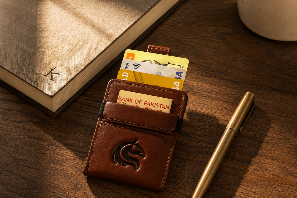 Brown Kodo Vertical 2.0 RFID leather wallet styled on a desk — Kordovan smart wallet