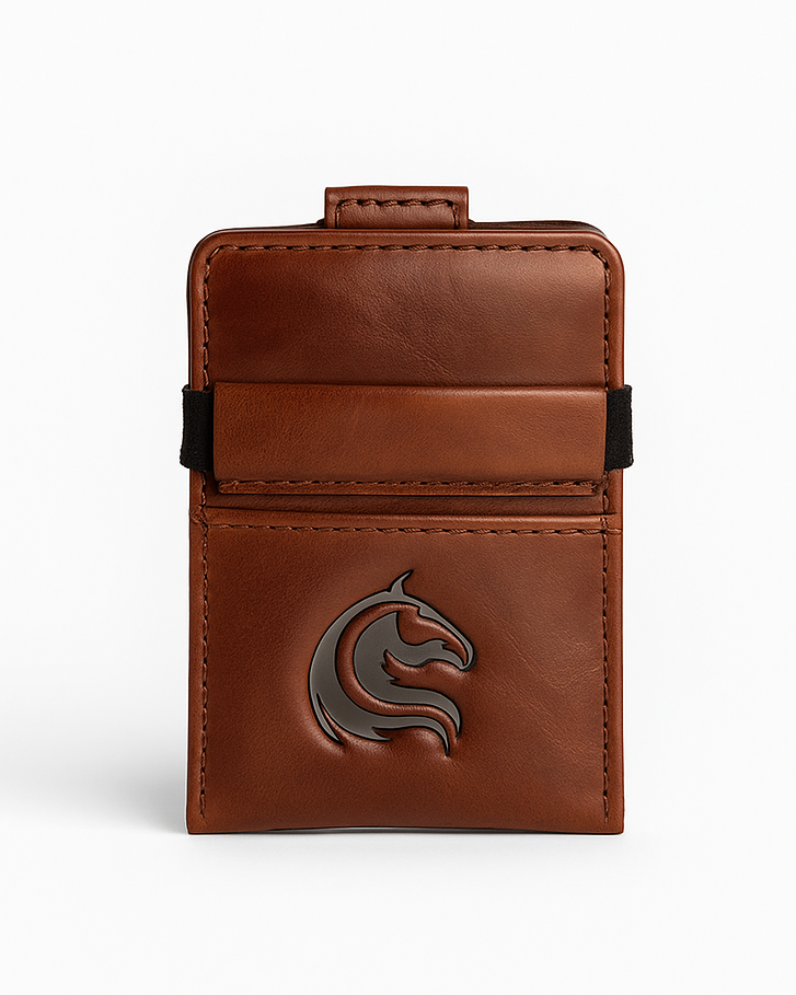 Brown leather wallet with a logo on a white background