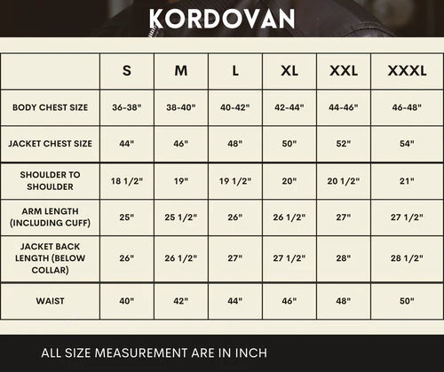 Men's leather jacket sizing | Kordovan jacket sizing