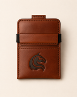 Kodo Vertical 2.0 RFID smart wallet in brown top-grain leather — front view | Kordovan Pakistan