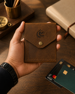 The Luke vertical billfold wallet held in hand, showing slim compact profile