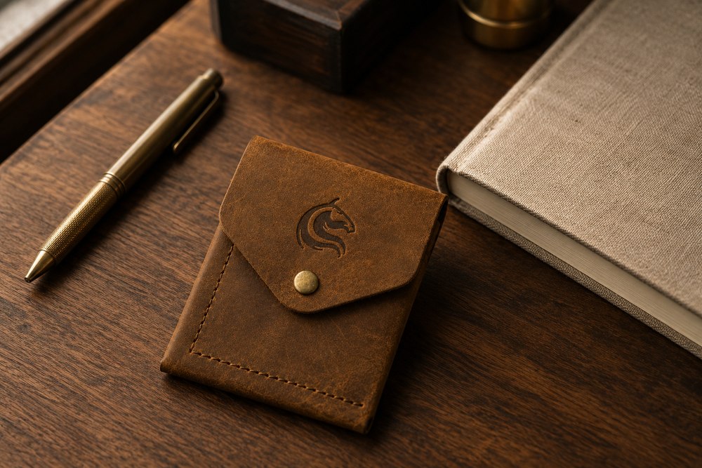 The Luke vertical leather wallet on a walnut desk — minimalist everyday carry by Kordovan