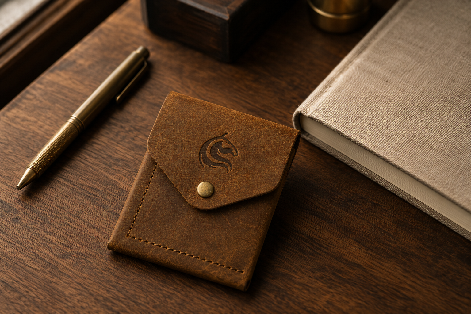 The Luke vertical leather wallet on a walnut desk — minimalist everyday carry by Kordovan