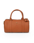 A brown leather duffel handbag with two handles and a detachable crossbody strap.