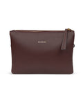 A brown pebbled leather cross-body bag with a zipper closure and a detachable strap.