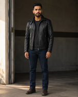 Legender Black — men's black belted leather jacket, side view | Kordovan Pakistan