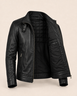 Legender Black — men's black belted leather jacket, open front showing the lining | Kordovan Pakistan