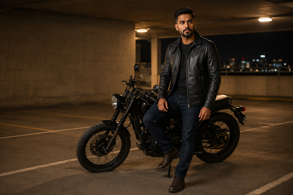 Legender Black — men's black belted leather jacket, full-length styled view | Kordovan Pakistan