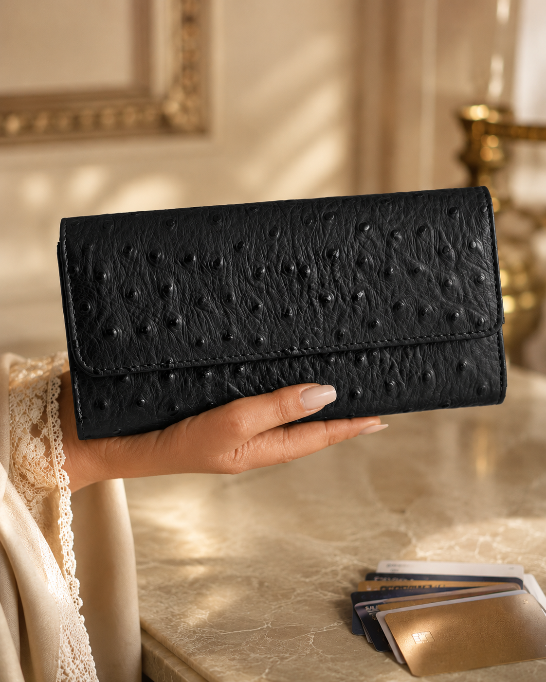 Black ladies leather clutch wallet held in hand