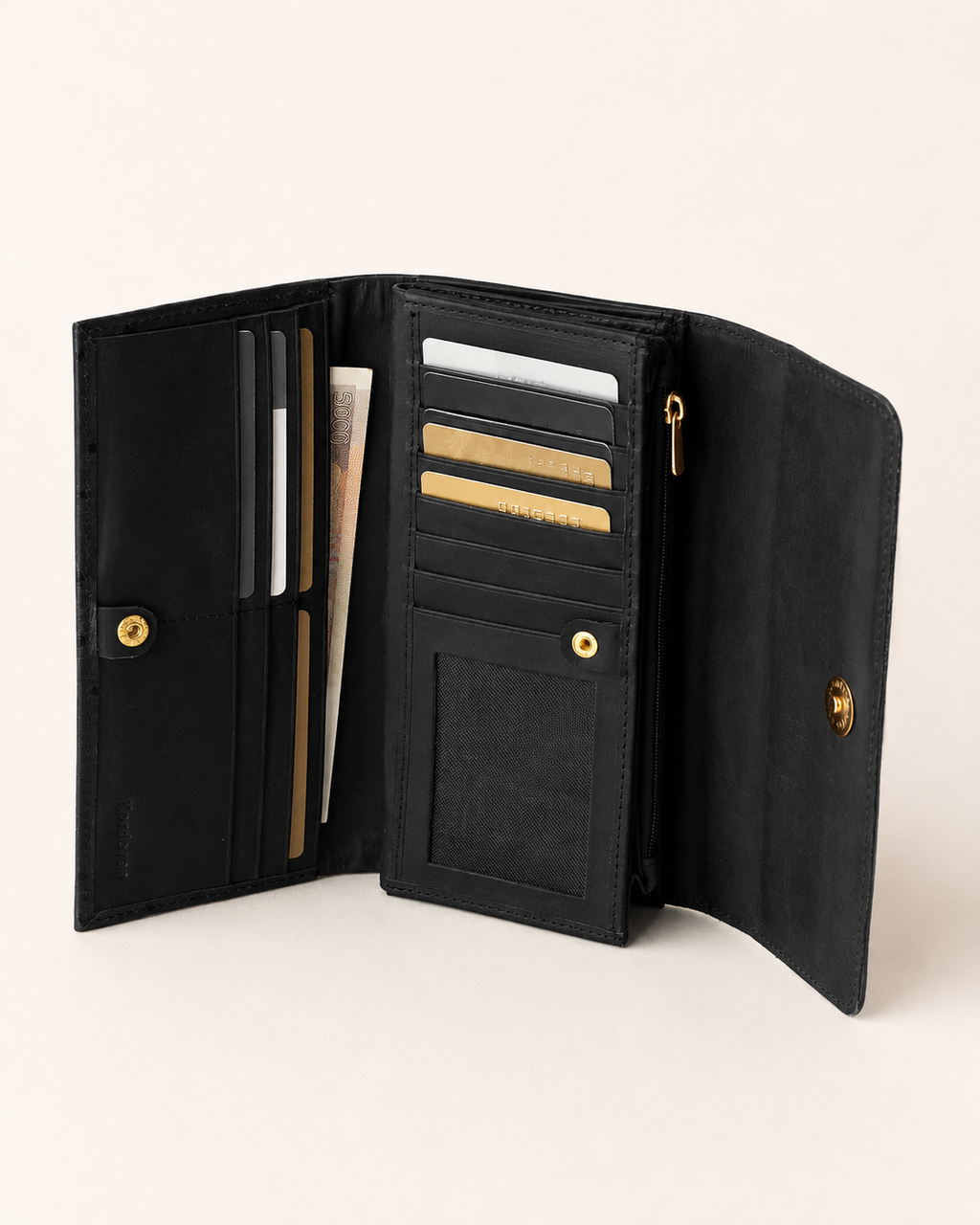Black Luxurious ladies clutch open — card slots, ID window and phone compartments