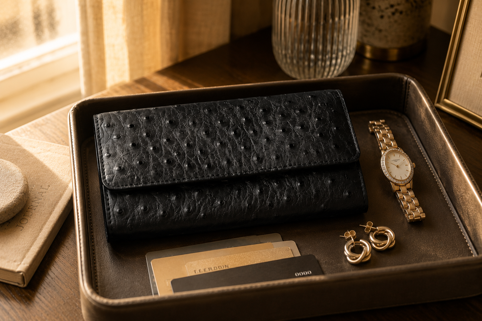 Black ladies clutch wallet styled on a marble surface — Kordovan leather goods