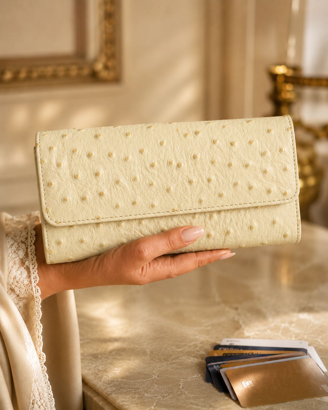 White and brown ladies clutch interior — zip pocket and full-grain leather detail