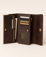 White and brown ladies clutch open — 12 card slots and phone compartments
