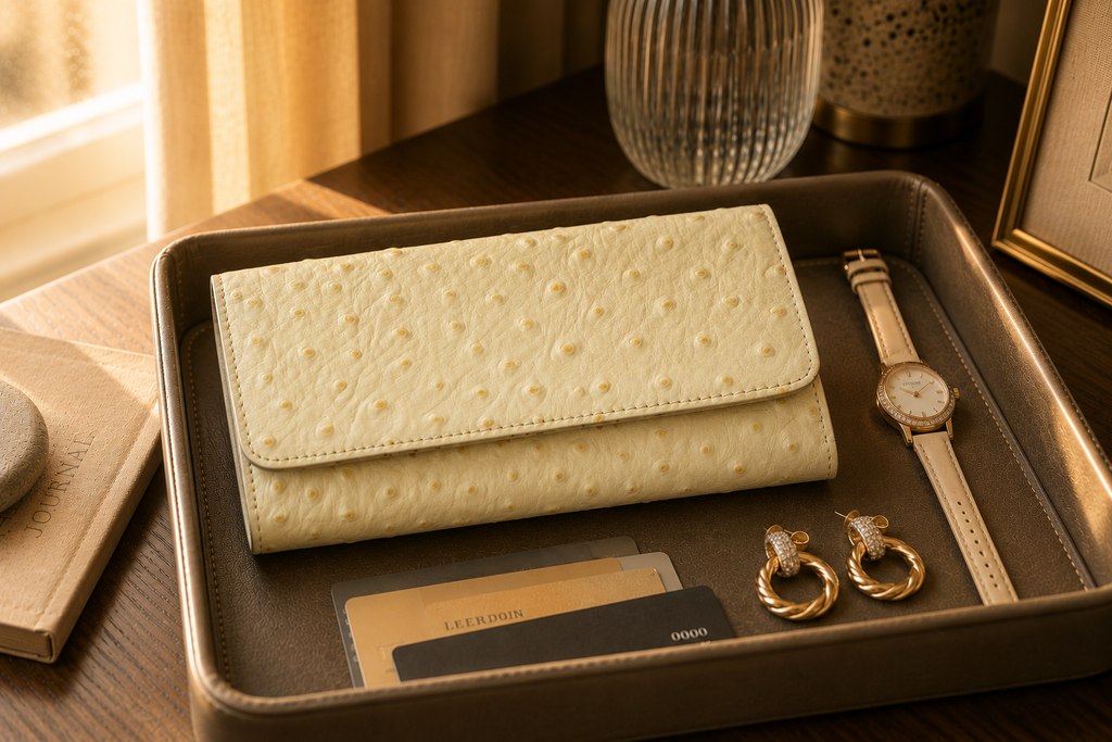 White and brown ladies clutch wallet styled on a marble surface — Kordovan
