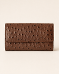 Luxurious ladies clutch wallet in chocolate brown ostrich-pattern leather — front view | Kordovan Pakistan