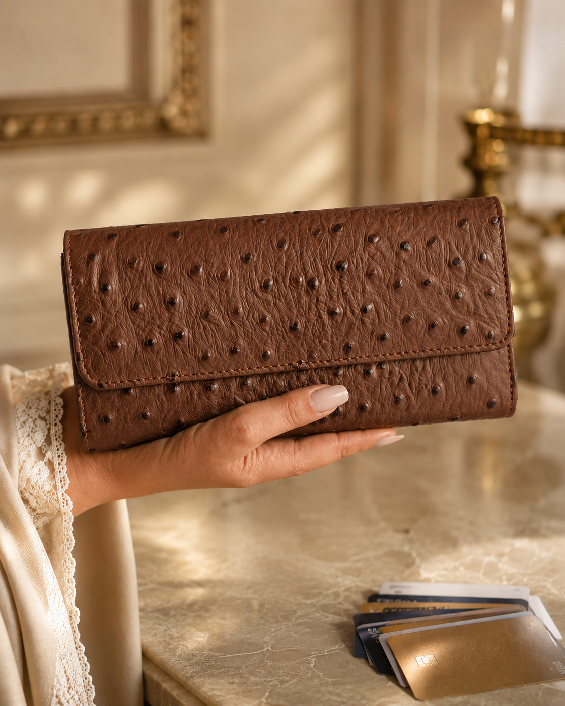 Chocolate brown ladies leather clutch wallet held in hand