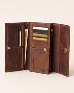 Luxurious ladies clutch open — 12 card slots, ID window and phone compartments