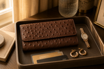 Chocolate brown ladies clutch wallet styled on a marble surface — Kordovan