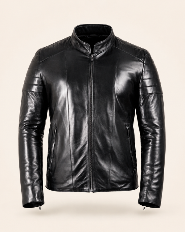Marc Ed — men's black sheepskin leather jacket, front view | Kordovan Pakistan