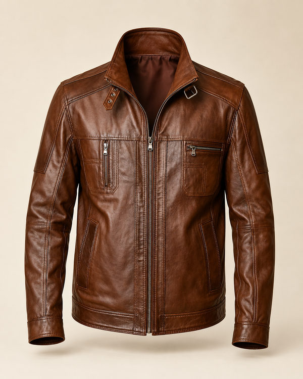 Maverick — men's brown sheepskin leather jacket, front view | Kordovan Pakistan