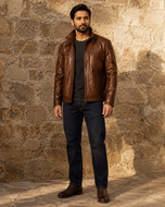 Maverick — men's brown sheepskin leather jacket, side view | Kordovan Pakistan