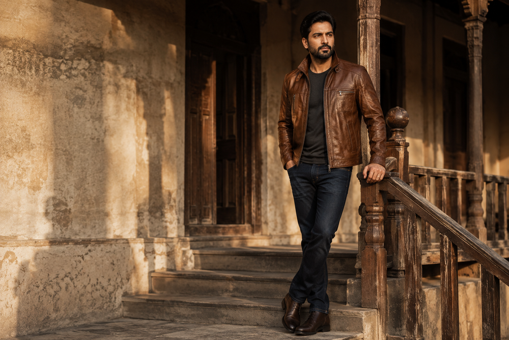 Maverick — men's brown sheepskin leather jacket, full-length styled view | Kordovan Pakistan