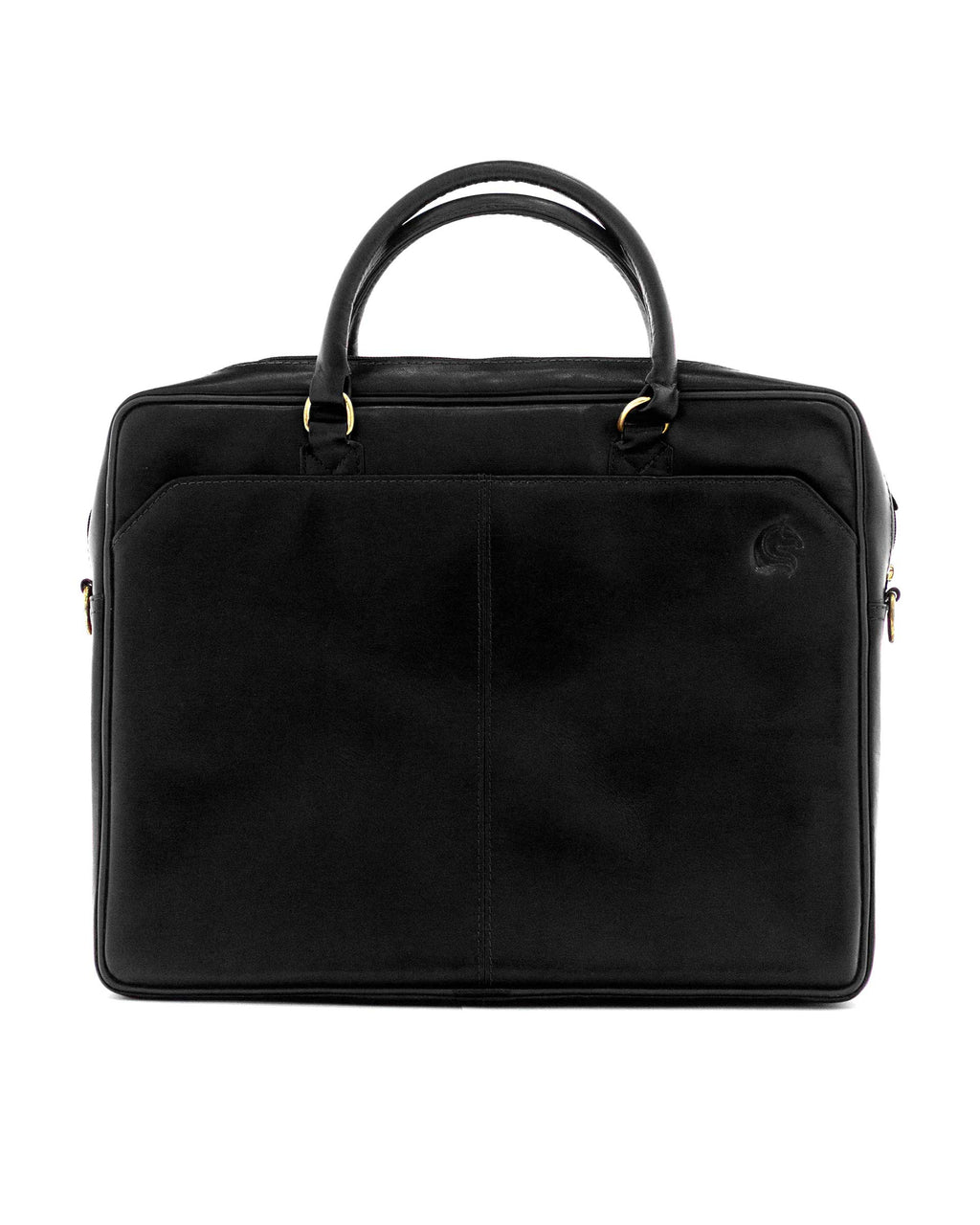 A brown leather laptop bag with a sleek design, featuring two handles and a front pocket.