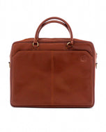 A brown leather laptop bag with a sleek design, featuring two handles and a front pocket.
