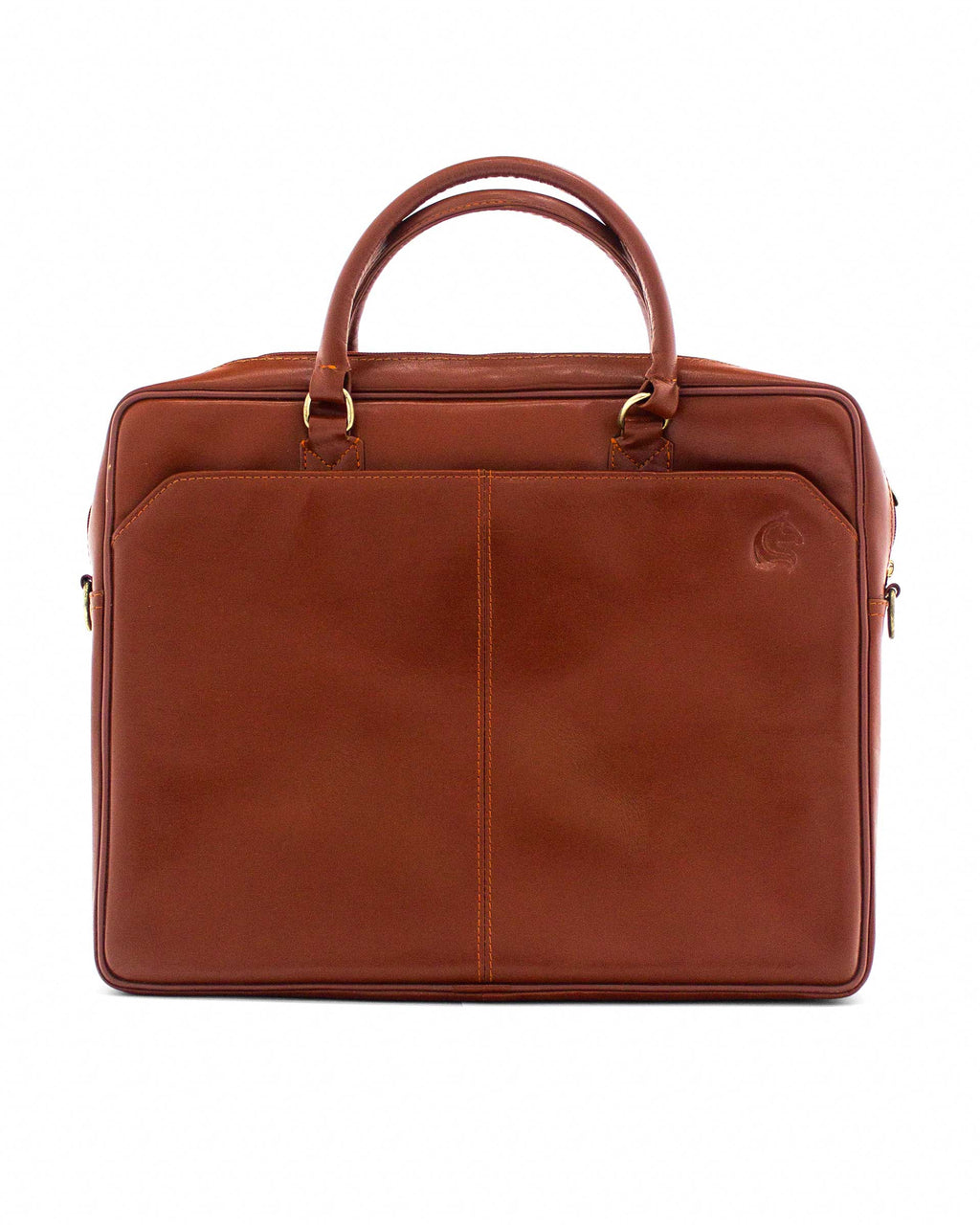 A brown leather laptop bag with a sleek design, featuring two handles and a front pocket.