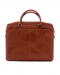 A brown leather laptop bag with a sleek design, featuring two handles and a front pocket.