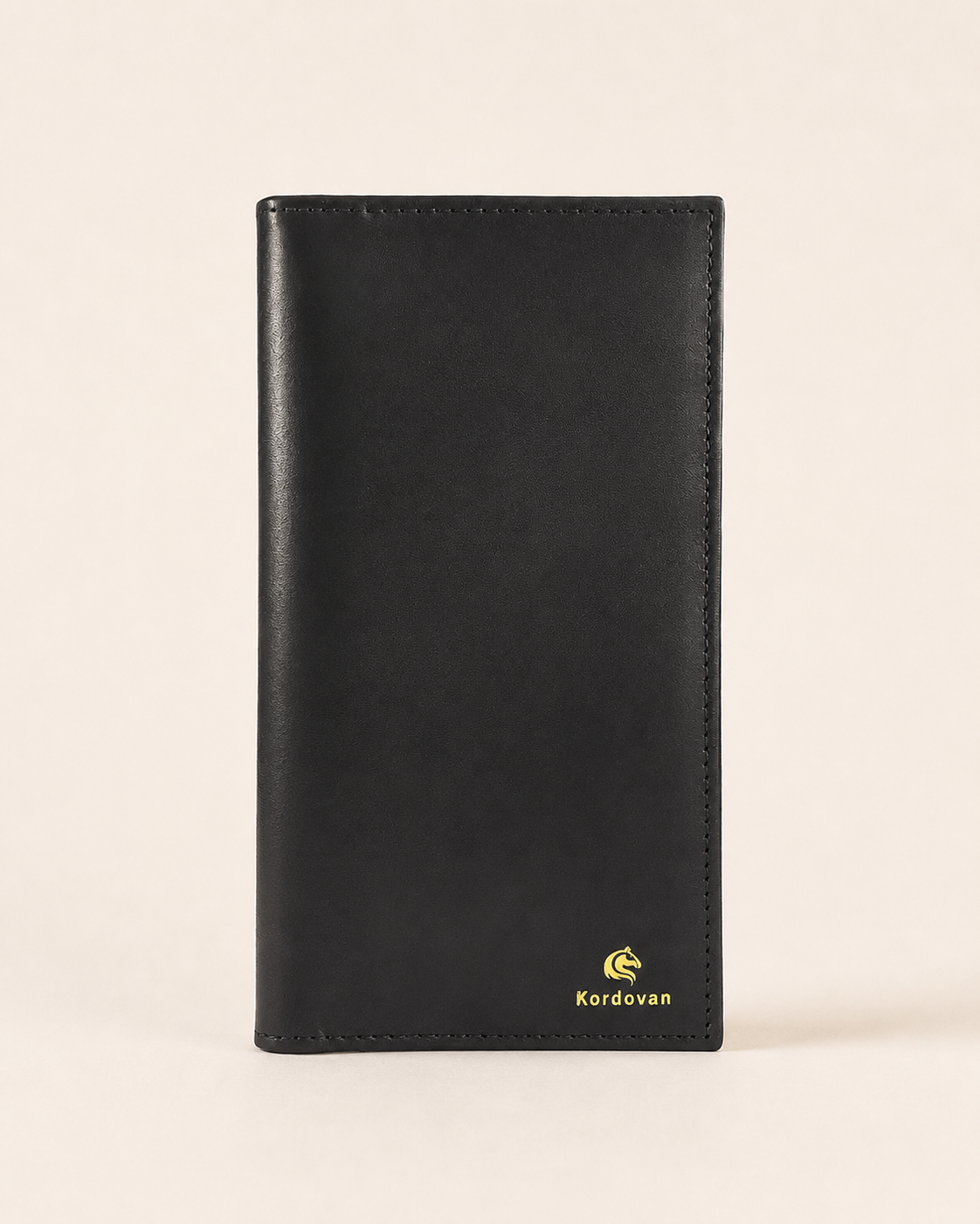 The Elite mobile wallet in Midnight Black nappa leather — front view | Kordovan Pakistan