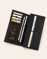 The Elite mobile wallet in Midnight Black open — phone chamber, card slots and cash compartments