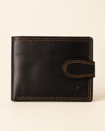 Midtown Lite slim wallet in black sheep leather — front view with snap button | Kordovan Pakistan