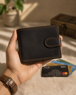 Black Midtown Lite sheep leather slim wallet held in hand, showing lightweight size