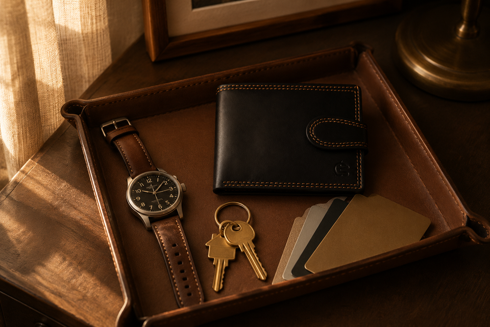 Black Midtown Lite slim wallet on a café table — everyday carry by Kordovan