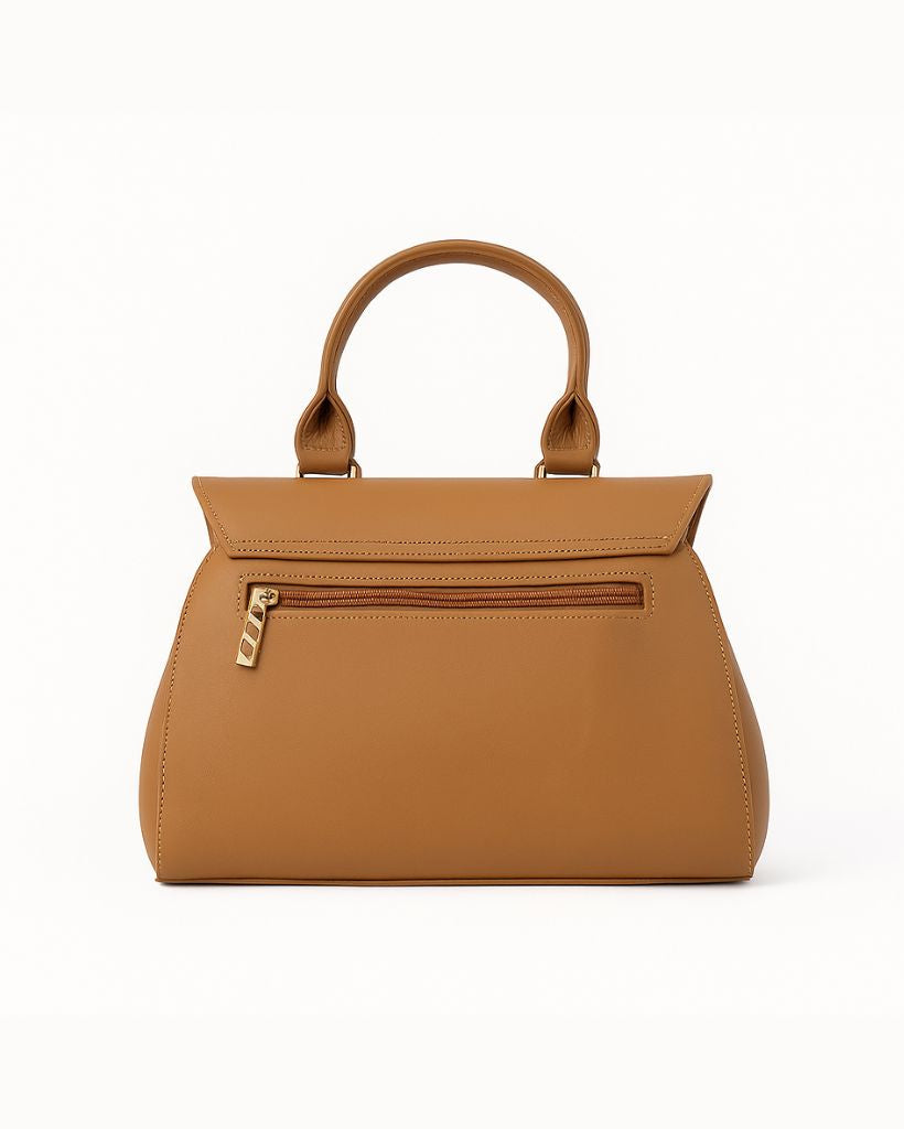 Tan handbag with a gold zipper on a white background