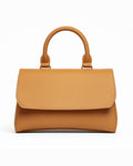 Tan handbag with a handle on a white background