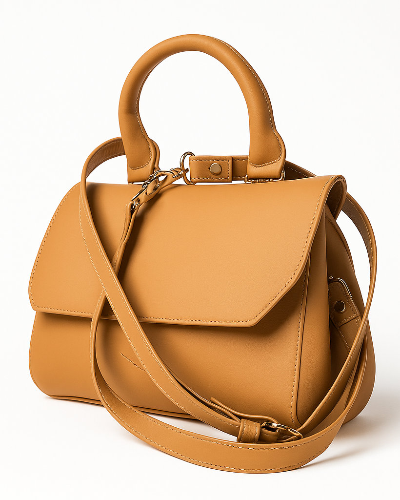 Tan handbag with a strap on a white background