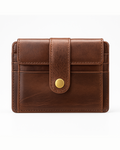 Brown leather wallet with a gold clasp on a white background