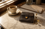 Mocha Mate bifold wallet on a walnut desk — everyday carry by Kordovan