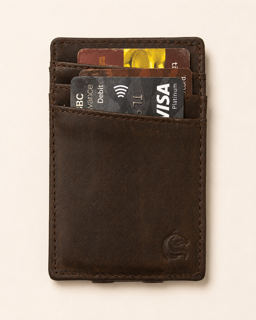 The Money Clip minimal wallet in crazy horse leather — front view | Kordovan Pakistan
