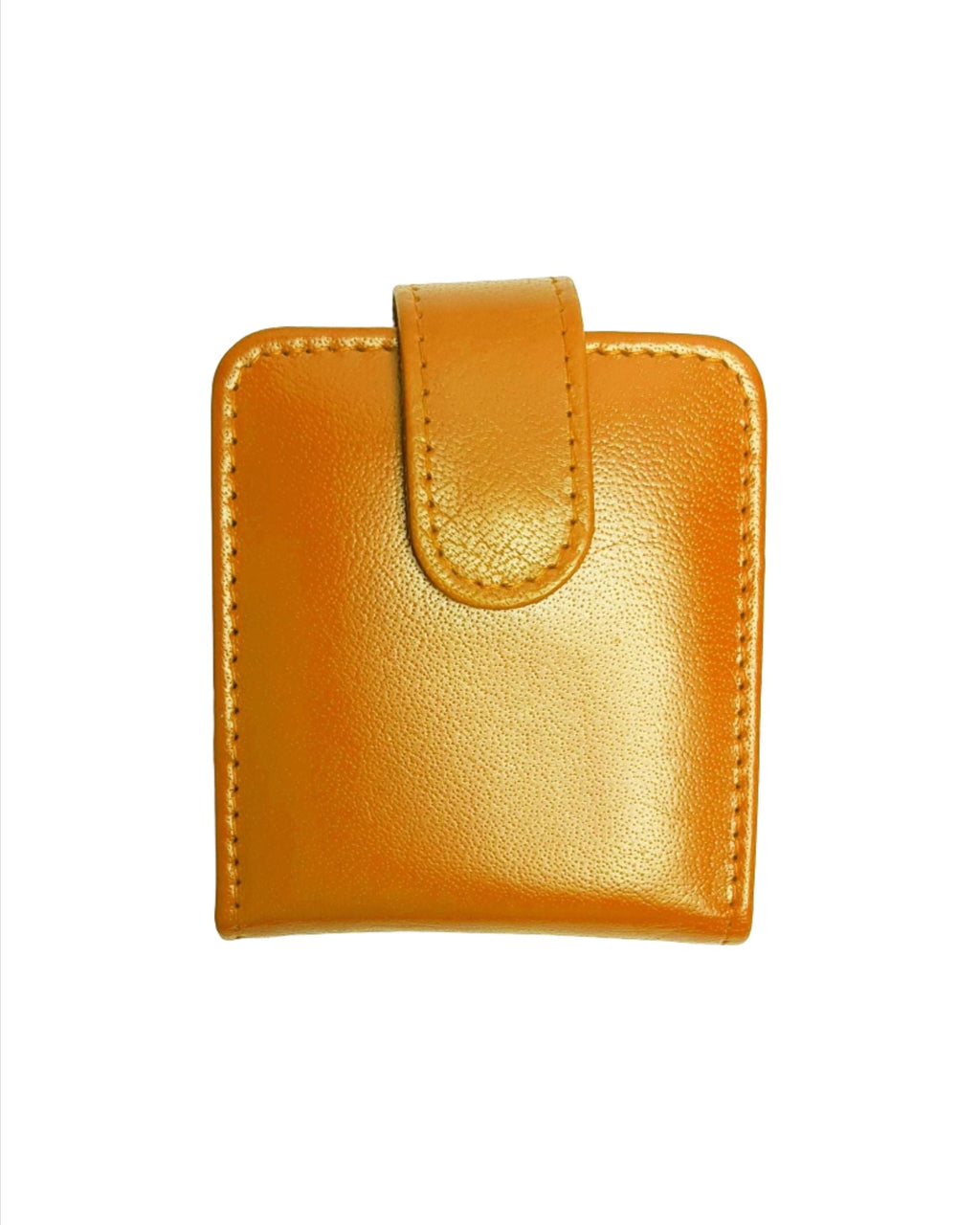 A closed mustard genuine leather lipstick case with a flap and a magnetic button on the front.