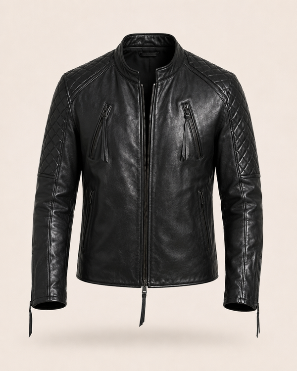 Nightfall — men's black diamond quilted leather jacket, front view | Kordovan Pakistan