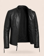 Nightfall — men's black diamond quilted leather jacket, open front showing the lining | Kordovan Pakistan