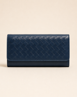 The Nova handwoven leather clutch wallet in blue — front view | Kordovan Pakistan