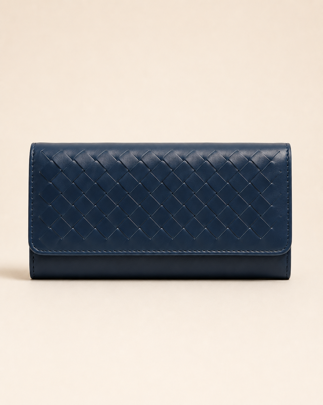 The Nova handwoven leather clutch wallet in blue — front view | Kordovan Pakistan